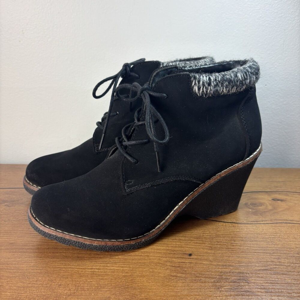 White Mountain Womens SZ 8.5 Lilac Booties Black Suede Lace Up Wedge Ankle Boots
